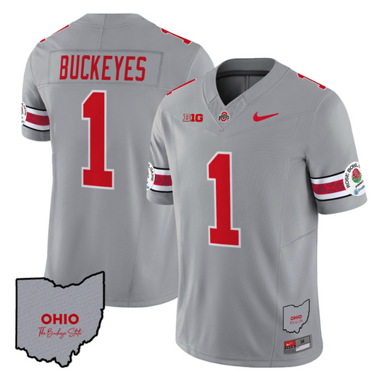 Buckeyes Jersey #1 Ohio State Rose Bowl Patch Football V3 Stitched Gray