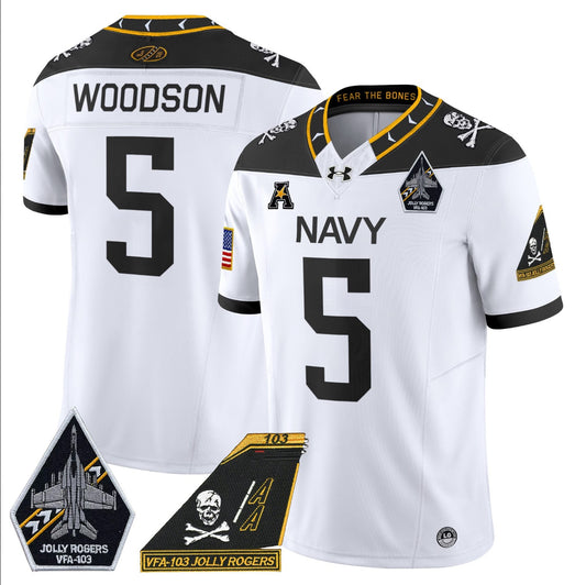 Braxton Woodson Jersey #5 Navy Midshipmen 2024 Jolly Rogers Patch White