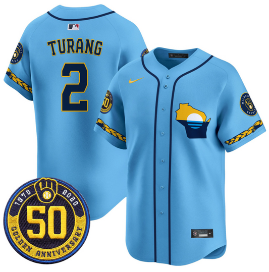 Brice Turang Jersey #2 Milwaukee Brewers Golden 50th Anniversary Patch Stitched Blue