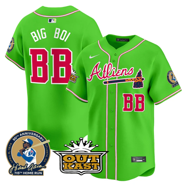 Big Boi Jersey #BB Atlanta Braves Atliens Hank Aaron Patch Limited Stitched Bright Green
