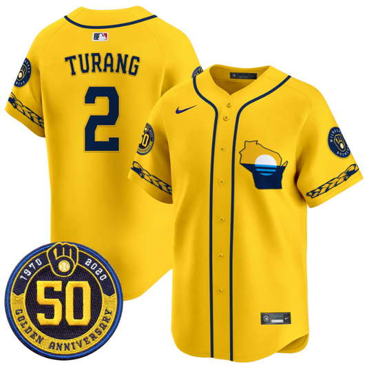 Brice Turang Jersey #2 Milwaukee Brewers Golden 50th Anniversary Patch Stitched Gold