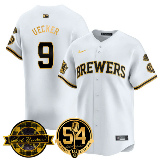 Bob Uecker Jersey #9 Milwaukee Brewers 2025 Bob Uecker, 54 Seasons for Brewers Stitched White Gold