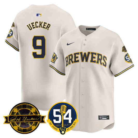Bob Uecker Jersey #9 Milwaukee Brewers 2025 Bob Uecker, 54 Seasons for Brewers Stitched Cream
