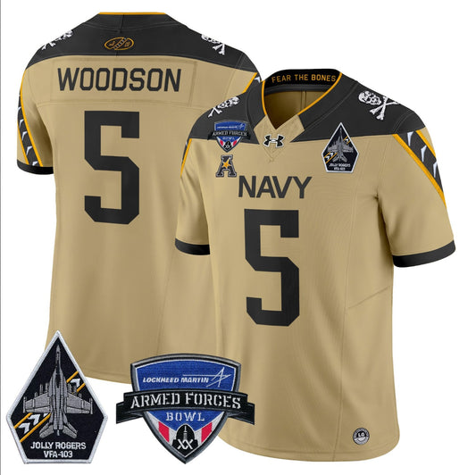 Braxton Woodson Jersey #5 Navy Midshipmen 2025 Armed Forces Bowl Patch Gold