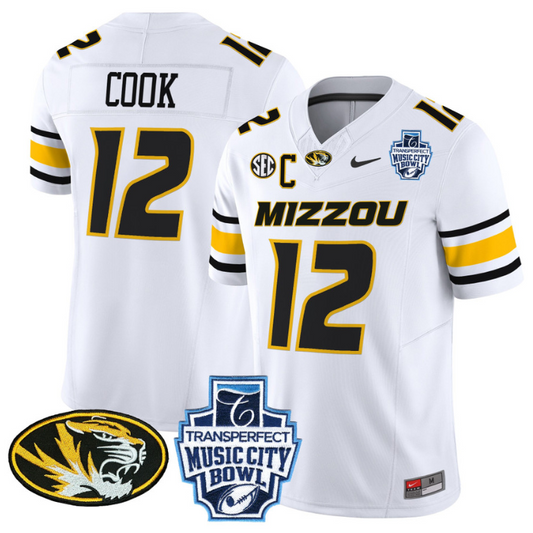 Brady Cook Jersey #12 Missouri Tigers 2024 Music City Bowl White
