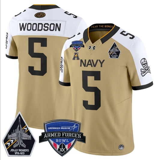 Braxton Woodson Jersey #5 Navy Midshipmen 2025 Armed Forces Bowl Patch Gold Alternate