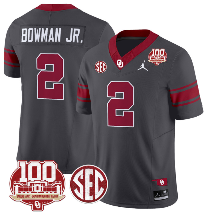 Billy Bowman Jr Jersey #2 Oklahoma Sooners 100th Anniversary Patch Vapor Limited College Football Stitched Anthracite