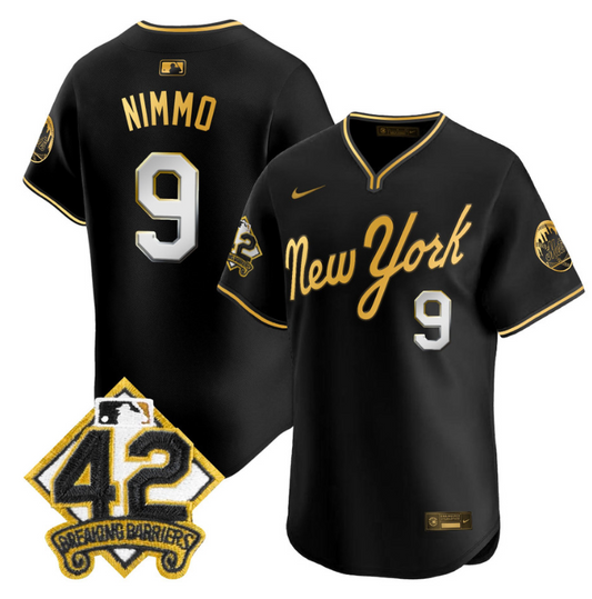Brandon Nimmo Jersey #9 New York Mets 2025 Jackie Robinson Patch Road Alternate Stitched Black Gold