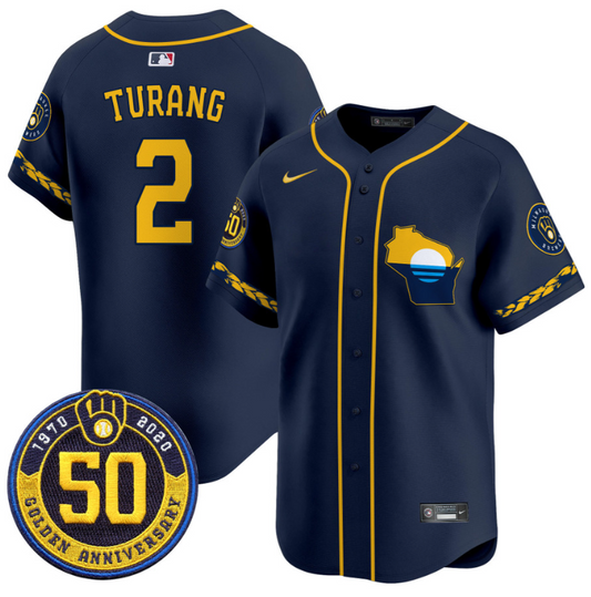 Brice Turang Jersey #2 Milwaukee Brewers Golden 50th Anniversary Patch Stitched Navy