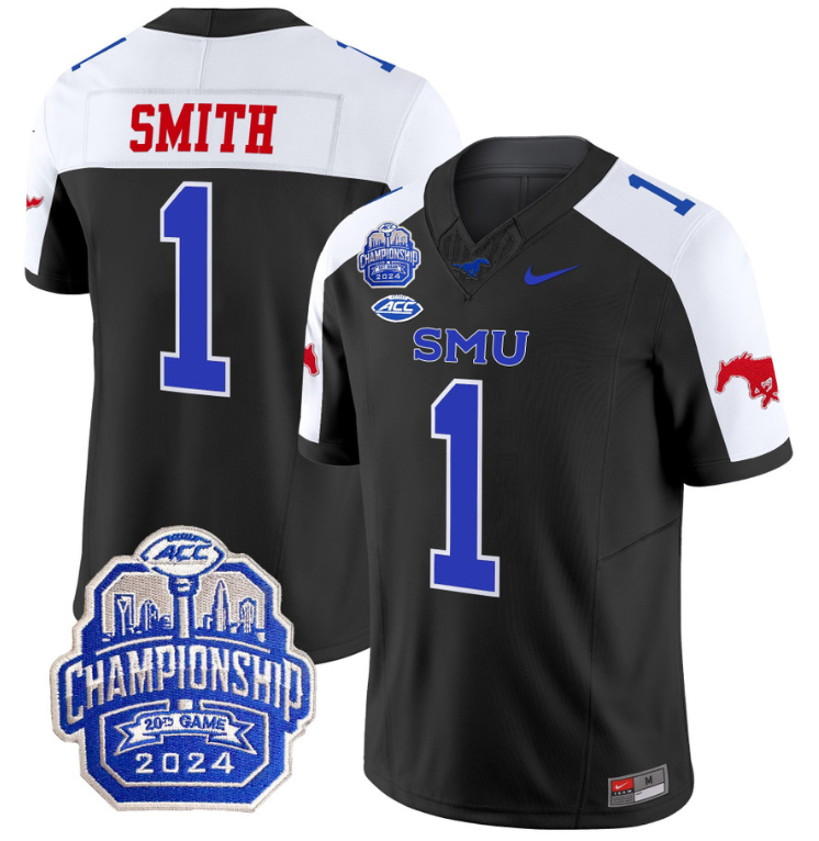 Brashard Smith Jersey #1 SMU Mustangs 2024 ACC Championship Patch Black Alternate