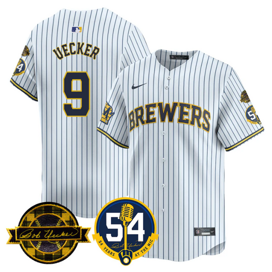 Bob Uecker Jersey #9 Milwaukee Brewers 2025 Bob Uecker, 54 Seasons for Brewers Stitched White