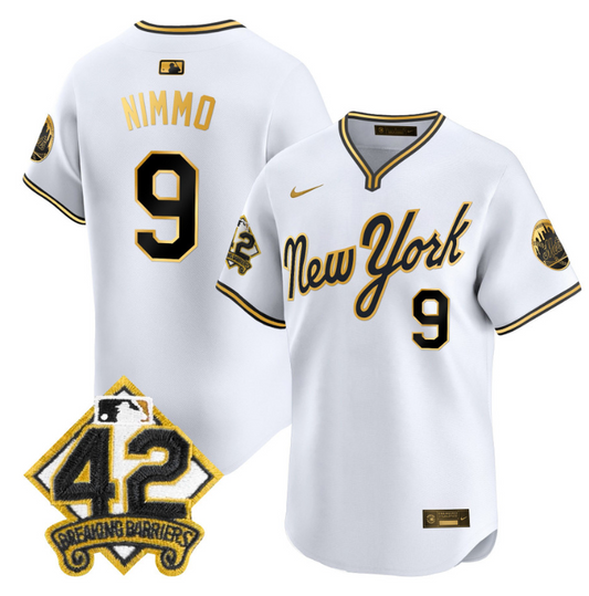 Brandon Nimmo Jersey #9 New York Mets 2025 Jackie Robinson Patch Road Alternate Stitched White Gold