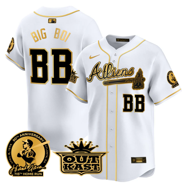 Big Boi Jersey #BB Atlanta Braves Atliens Hank Aaron Patch Limited Stitched White Gold