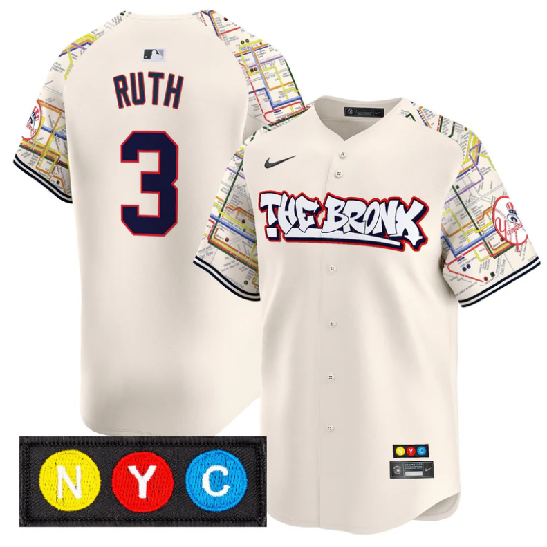 Babe Ruth Jersey #3 New York Yankees The Bronx Subway Style Premier Stitched Cream