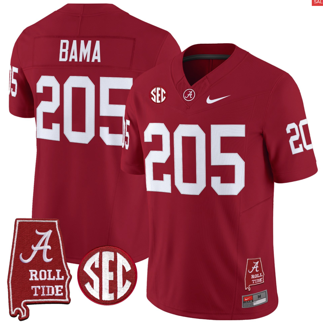 Bama Jersey #205 Alabama Crimson Throwback Alabama Map Stitched Crimson