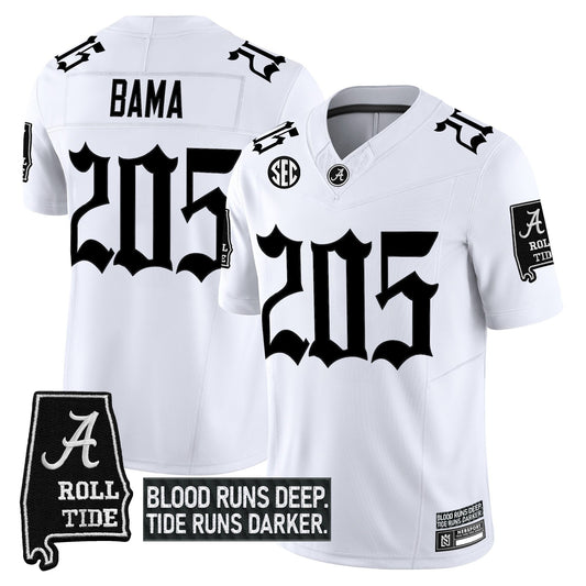 Bama Jersey #205 Alabama Crimson Gothic Bama Blood Edition Stitched White