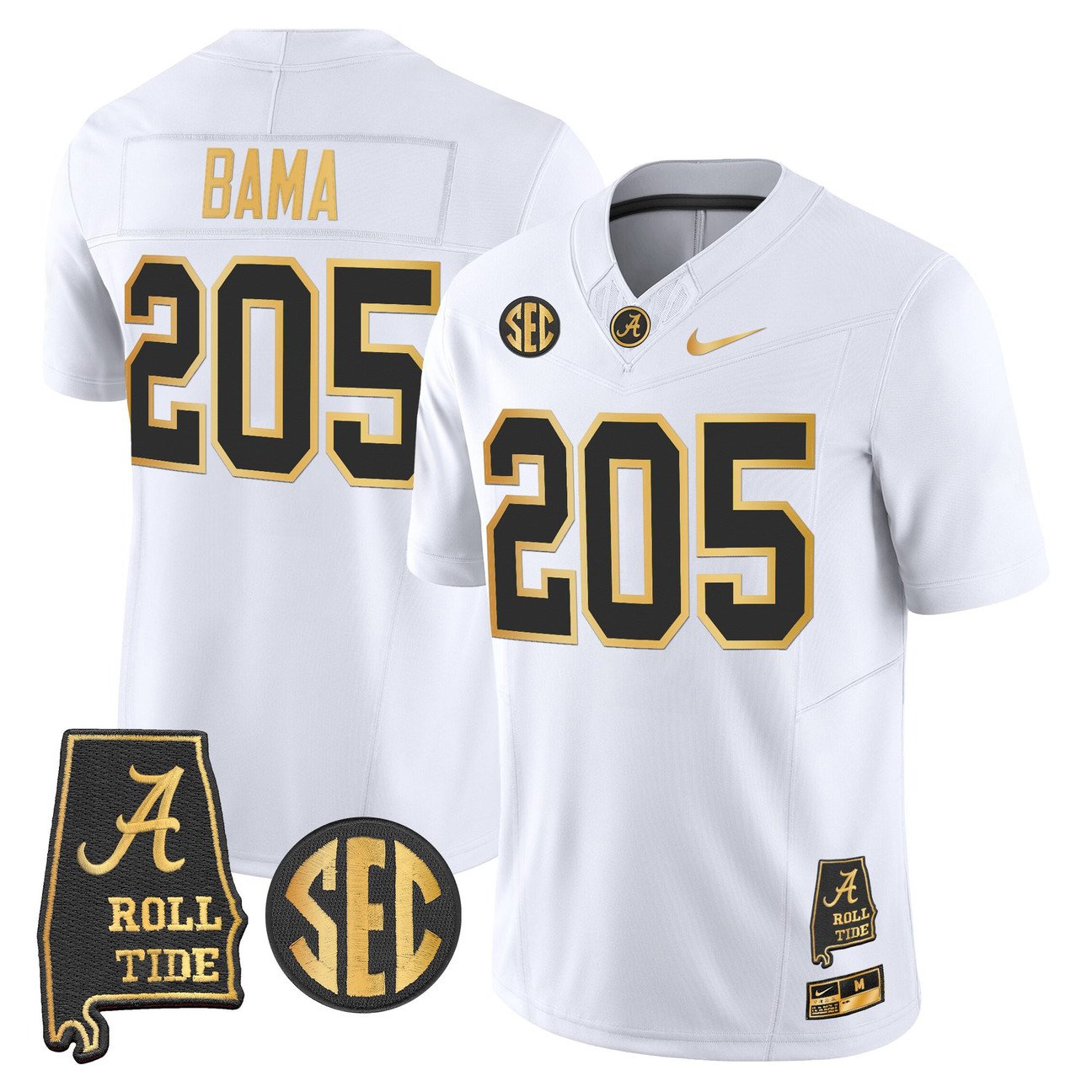 Bama Jersey #205 Alabama Crimson Tide 2025 Gold Vapor Stitched