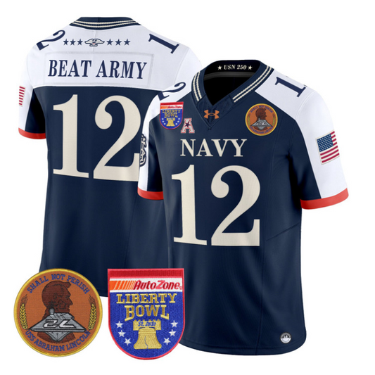 Beat Army Jersey #12 Navy Midshipmen 250th 2026 Liberty Bowl Stitched Navy Alternate