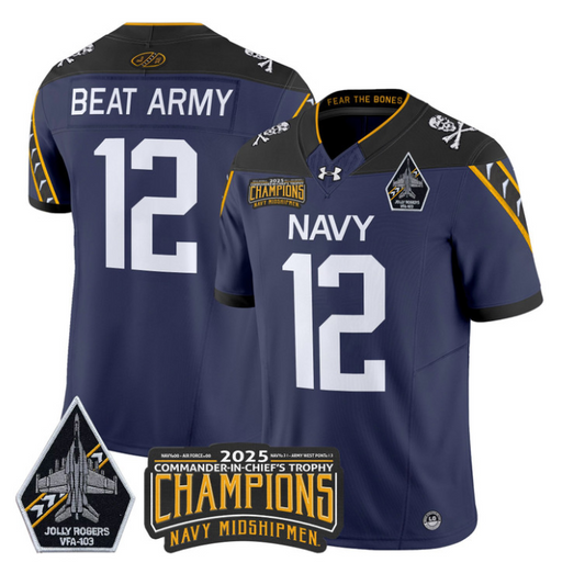 Beat Army Jersey #12 Navy Midshipmen Jolly Rogers 2025 Trophy Stitched Navy