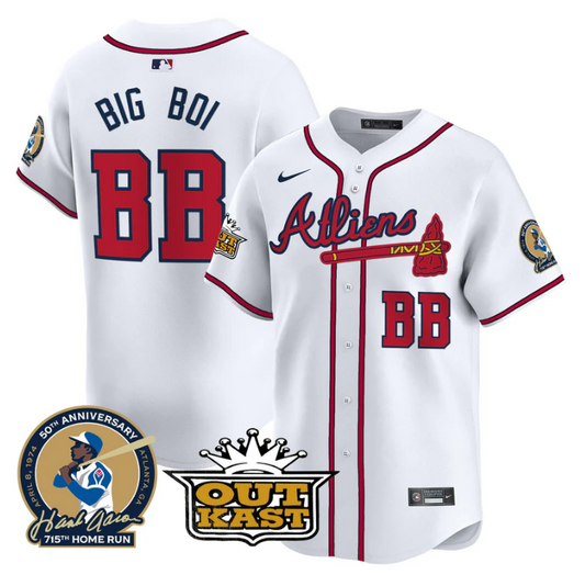 Big Boi Jersey #BB Atlanta Braves Atliens Hank Aaron Patch Limited Stitched White