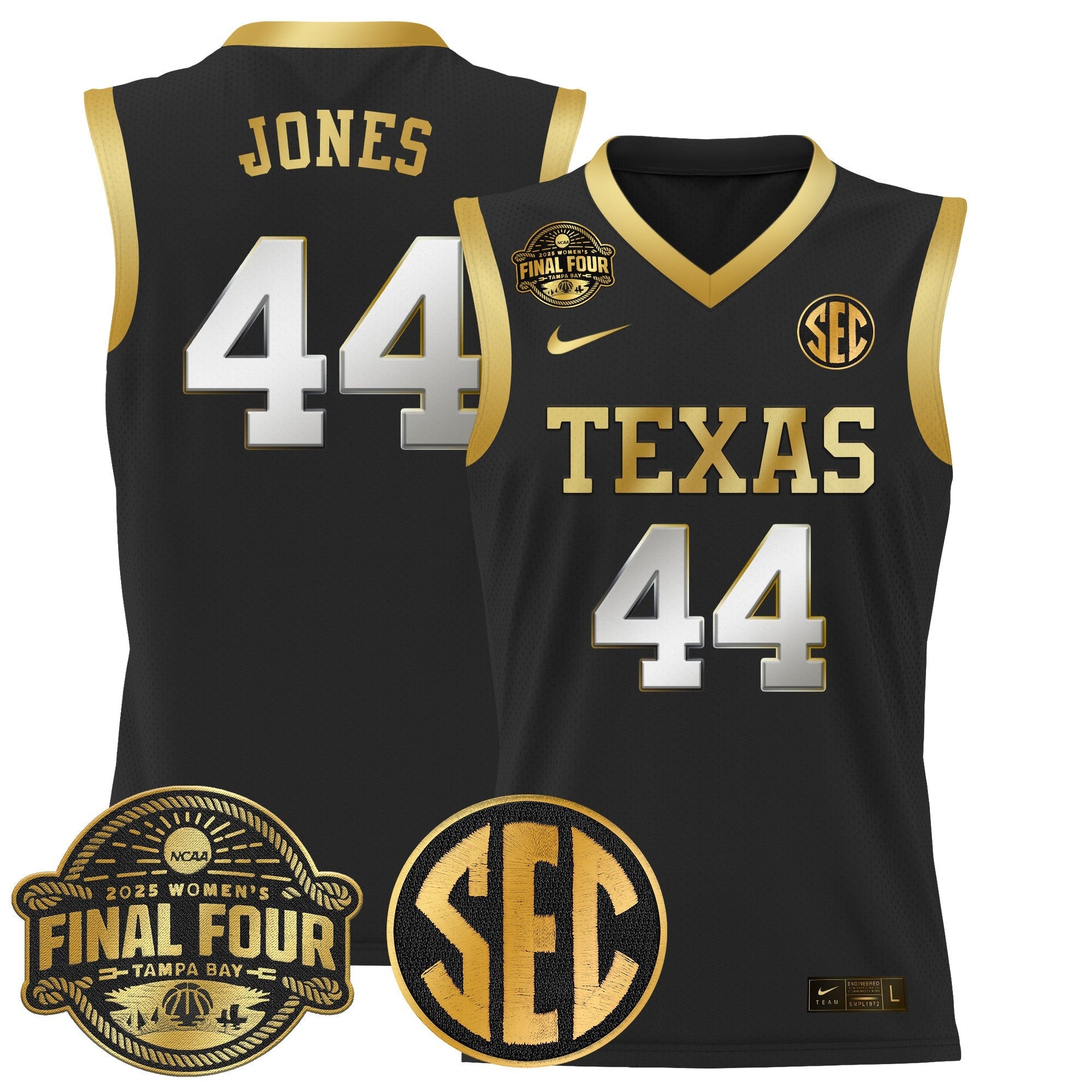 Taylor Jones Jersey #44 Texas Longhorns 2025 Sec Final Four Patch Black Gold