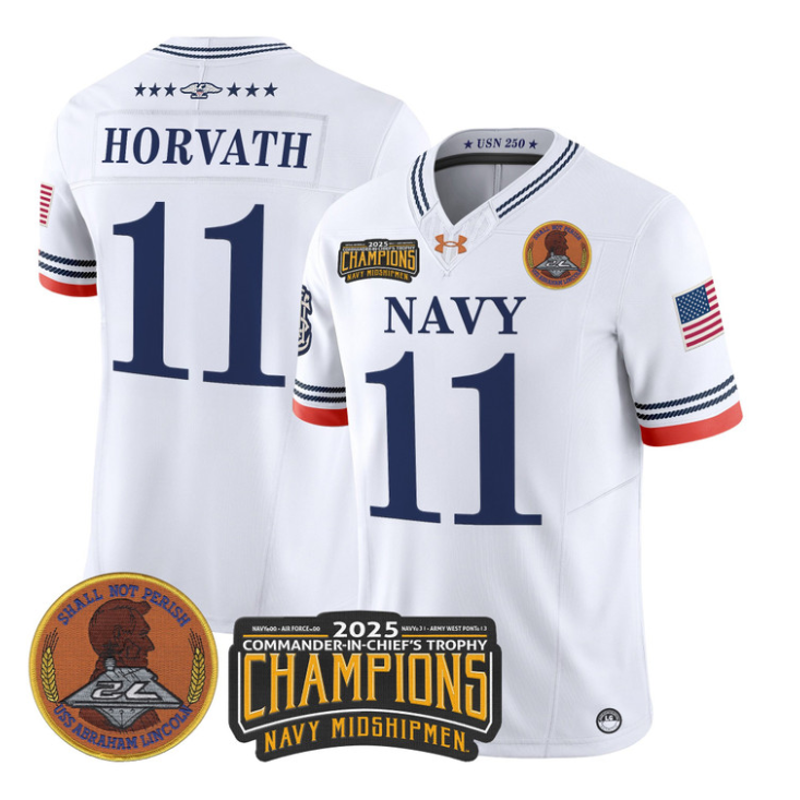 Blake Horvath Jersey #11 Navy Midshipmen 2025 Trophy Champions Stitched White