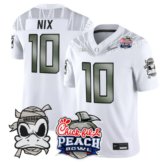 Bo Nix Jersey #10 Oregon Ducks Mummy Duck 2026 Peach Bowl Stitched White