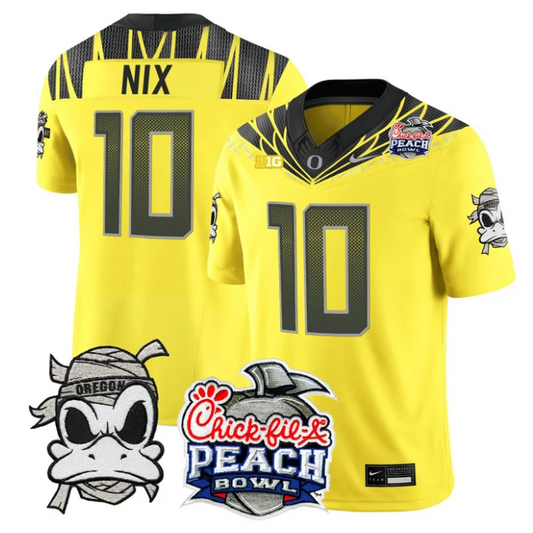 Bo Nix Jersey #10 Oregon Ducks Mummy Duck 2026 Peach Bowl Stitched Yellow