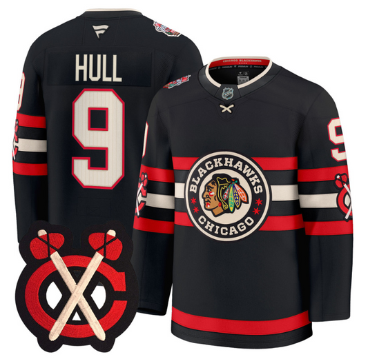 Bobby Hull Jersey #9 Chicago Blackhawks Winter Classic Patch Stitched Black