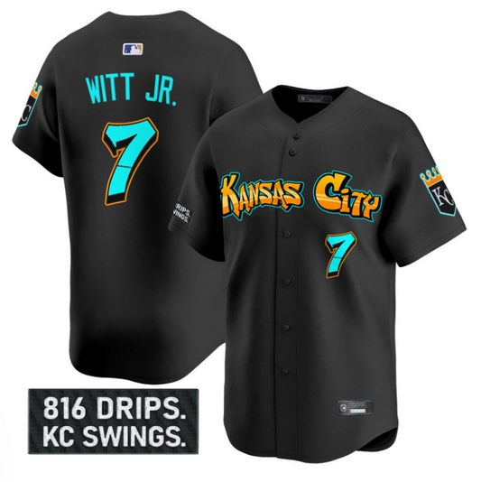 Bobby Witt Jr Jersey #7 Kansas City Royals Graffiti Crown Drop Stitched Black