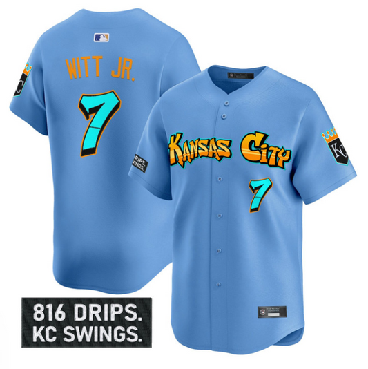 Bobby Witt Jr Jersey #7 Kansas City Royals Graffiti Crown Drop Stitched Blue