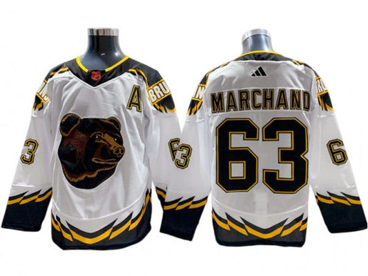 Boston Bruins #63 Brad Marchand White 2022&23 Reverse Retro Jersey
