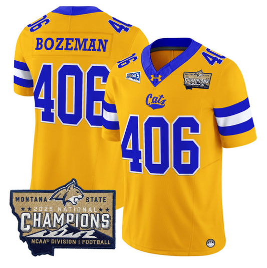 Bozeman Jersey #406 Montana State Bobcats 2025 National Champions Gold