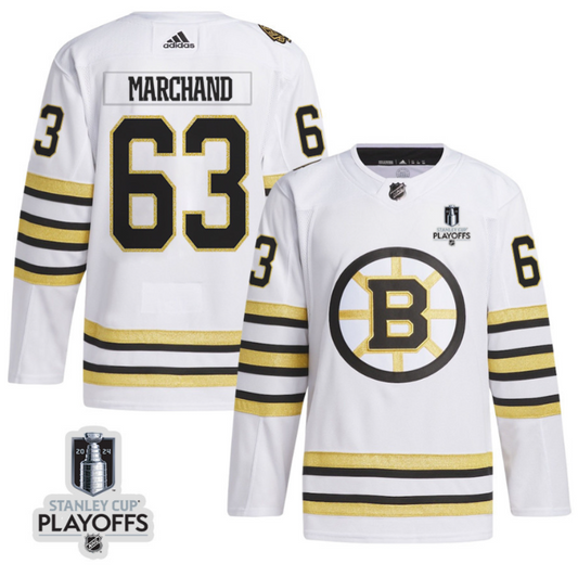Brad Marchand 63 Boston Bruins 2024 NHL Playoffs Patch Away Jersey - Men, White