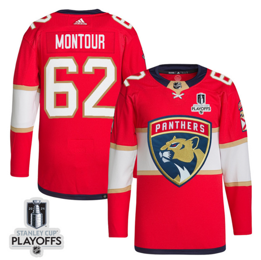 Brandon Montour 62 Florida Panthers 2024 NHL Playoffs Patch Home Jersey - Men, Red