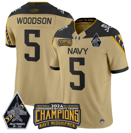 Braxton Woodson Jersey #5 Navy Midshipmen 2024 Jolly Rogers Champions Gold