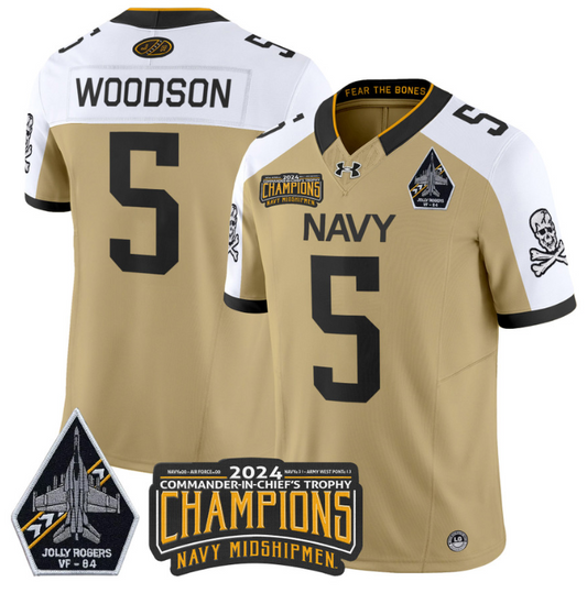 Braxton Woodson Jersey #5 Navy Midshipmen 2024 Jolly Rogers Champions Gold White