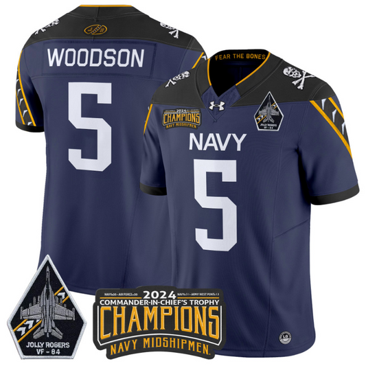 Braxton Woodson Jersey #5 Navy Midshipmen 2024 Jolly Rogers Champions Navy