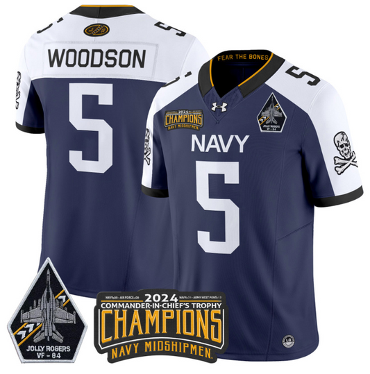 Braxton Woodson Jersey #5 Navy Midshipmen 2024 Jolly Rogers Champions Navy White