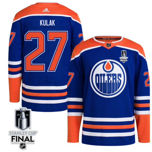Brett Kulak 27 Edmonton Oilers 2024 STANLEY CUP Final Home Primegreen Jersey Men, Royal