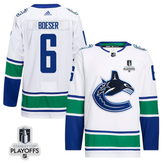 Brock Boeser 6 Vancouver Canucks 2024 NHL Playoffs Patch Away Jersey - Men, White