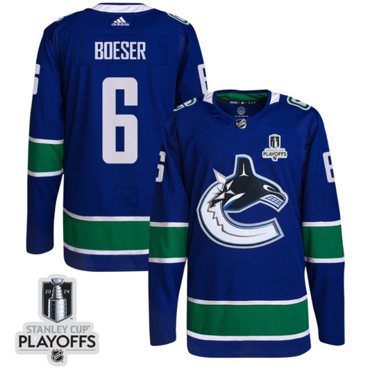 Brock Boeser 6 Vancouver Canucks 2024 NHL Playoffs Patch Home Jersey - Men, Blue