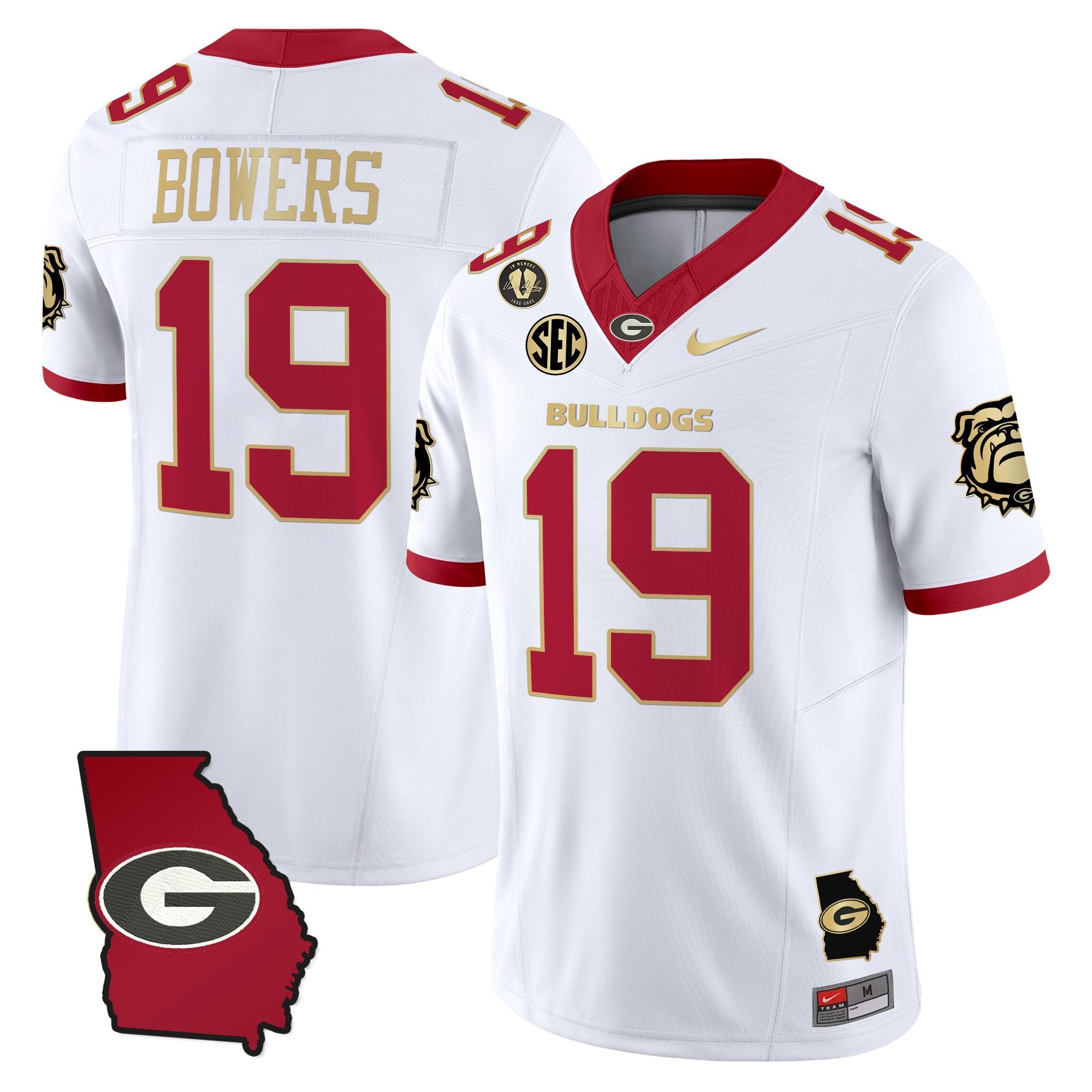 Brock Bowers Jersey #19 Georgia Bulldogs 2025 Georgia Map, Vince Dooley Stitched White Gold Trim