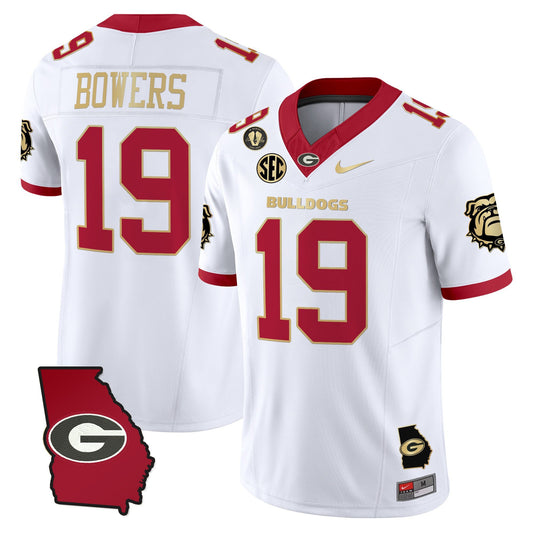 Brock Bowers Jersey #19 Georgia Bulldogs 2025 Georgia Map, Vince Dooley Stitched White Gold Trim