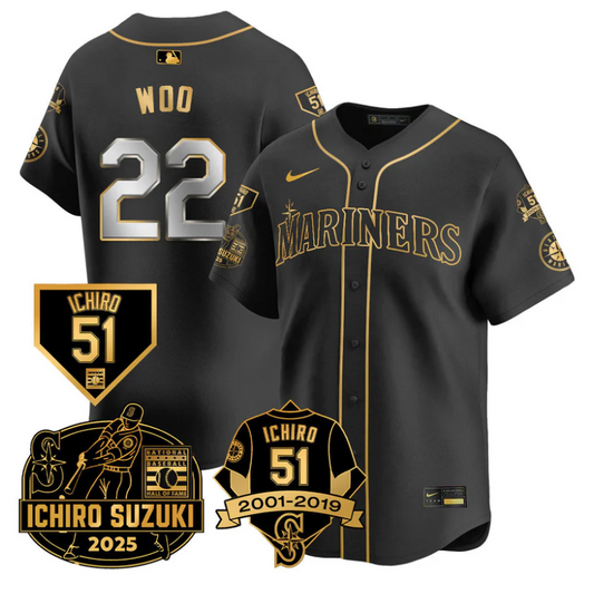 Bryan Woo Jersey #22 Seattle Mariners Ichiro Suzuki Stitched Black Gold