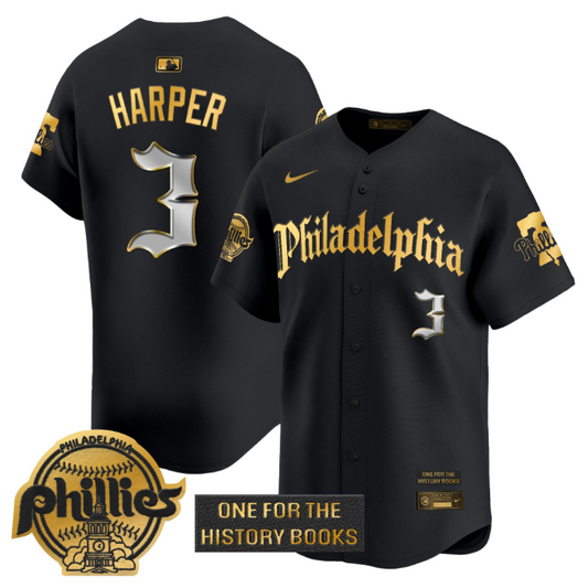 Bryce Harper Jersey #3 Phillies Retro Newspaper Edition Gold Vapor Premier Stitched Black Gold