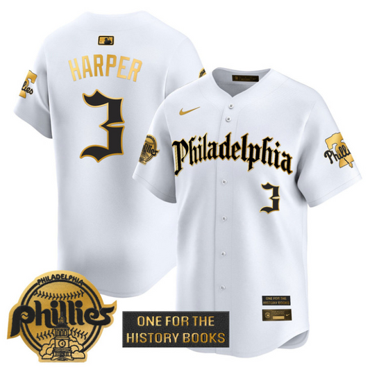 Bryce Harper Jersey #3 Phillies Retro Newspaper Edition Gold Vapor Premier Stitched White Gold