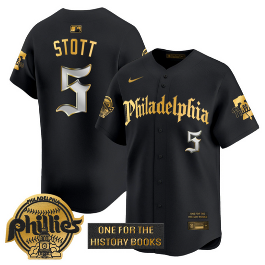 Bryson Stott Jersey #5 Phillies Retro Newspaper Edition Gold Vapor Premier Stitched Black Gold
