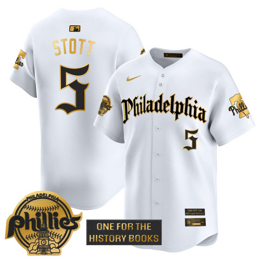 Bryson Stott Jersey #5 Phillies Retro Newspaper Edition Gold Vapor Premier Stitched White Gold