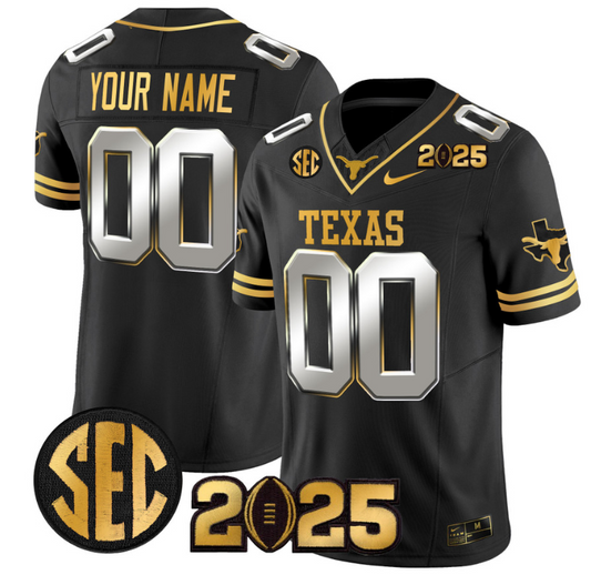Custom Texas Longhorns Jersey 2025 CFP Final Gold Patch Stitched Black Limited